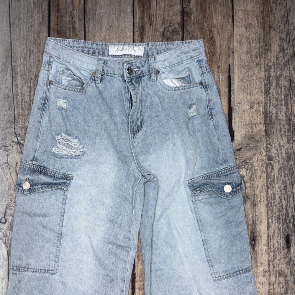 Indigo Dreams Womens Light Blue Denim Wide Leg High Rise Cargo Jeans Size 9 - Picture 2 of 9